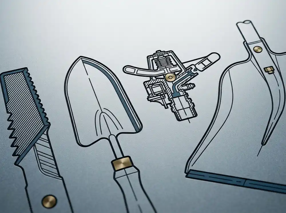 A frost-etched graphic study of a mower-blade edge, a hand trowel, a sprinkler head and a snow-shovel blade, laid out together as one material study.